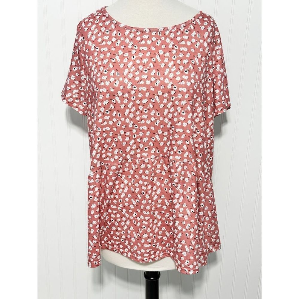 Hibluco Women's Floral Print Short Sleeve Peplum Top Tunic Blouse Coral Pink XL‎
